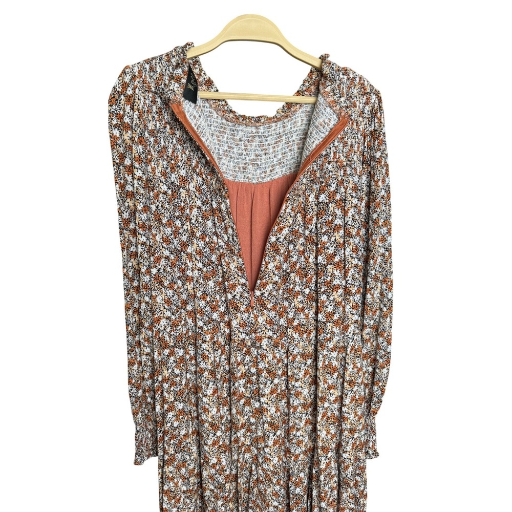 Meritt Floral Smocked Long Sleeve Mini Dress Rust Black Size M - Picture 3 of 7